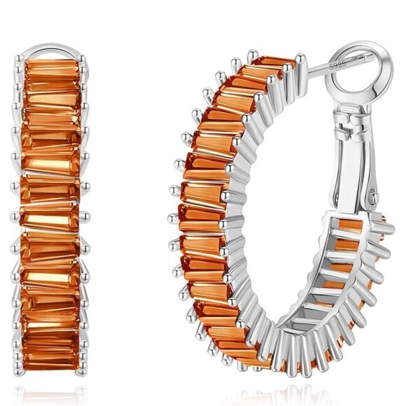 14K White Gold with Burnt Orange Topaz Cubic Zirconia Hoop Leverback Earrings - Picture 1 of 6